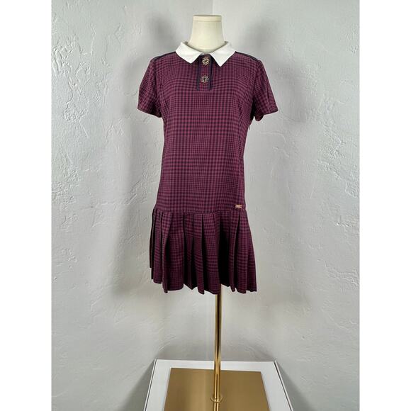HOUNDSTOOTH MINI DRESS in Navy Burgundy Pleated Drop Waist (Womens: 6-8) - Picture 2 of 16